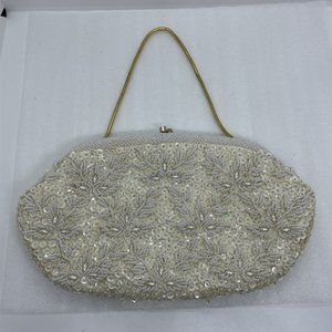Vintage Beaded Purse Kiss Lock Bags by Debbie Cream White Shimmer Gold 9.5x5.5”